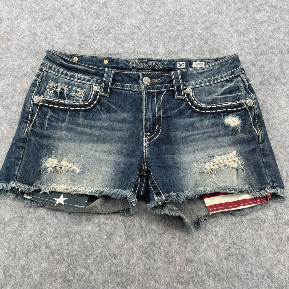Miss Me Signature Shorts Dark Wash Distressed American Flag Denim 30
